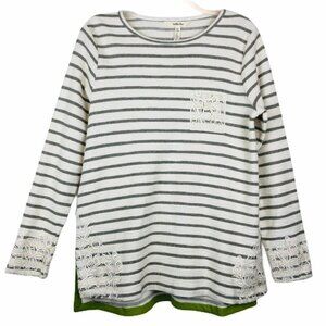Matilda Jane Womens Tunic Top Grey Ivory Lace Trim Stripe Long Sleeve Size S